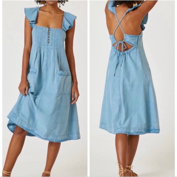 Anthropologie Dresses & Skirts - Anthropologie Pilcro Flutter Sleeve Blue Denim Midi Dress Extra Small Petite XSP
